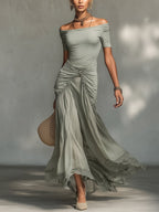 Ondina - Abito Maxi Grigio in Tessuto Elasticizzato e Chiffon