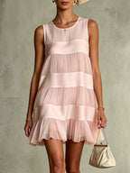 Carla - Vestito corto patchwork rosa chiaro a strati in chiffon plissettato e satinato