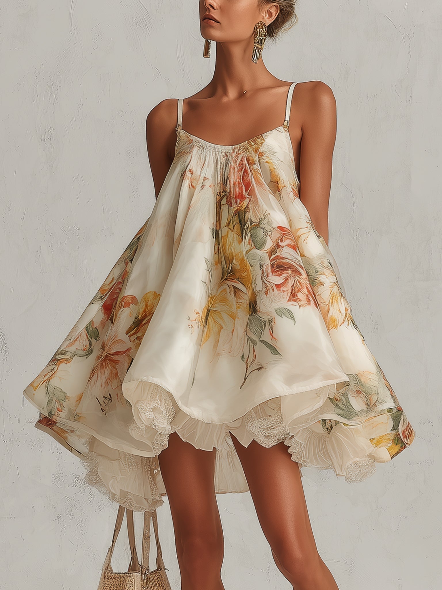 Liliana | Vestito corto a linea A in organza beige con motivo floreale e bordo in pizzo