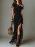 Celeste - Abito Maxi Boho Nero Monospalla con Spacco Frontale e Laterale