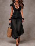 Ensemble Top en Dentelle V-Cou Bohémien Noir et Pantalons Harem