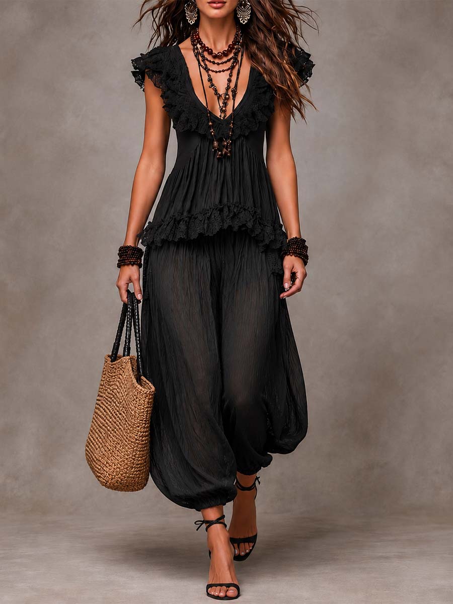 Ensemble Top en Dentelle V-Cou Bohémien Noir et Pantalons Harem