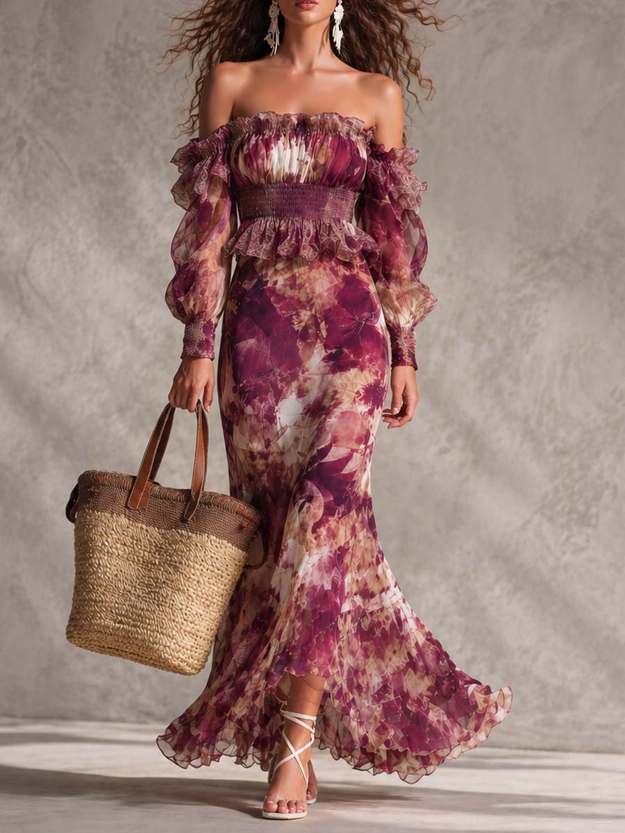 Abito Maxi in Chiffon Rosa Floreale Off-Shoulder