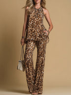 Chiara | Set Elegante con Top in Chiffon a Stampa Leopardo e Pantaloni Svasati
