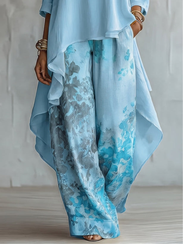 Ensemble Top Asymétrique Bleu et Pantalon Floral à Jambes Larges