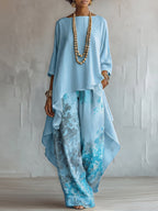 Ensemble Top Asymétrique Bleu et Pantalon Floral à Jambes Larges