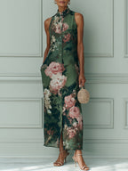 Flavia | Stampa di Olio Floreale Vintage Vestito Maxi a Taglio Dritto