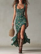 Isabella | Abito Maxi Stampato Verde Bohemien con Maniche Volant