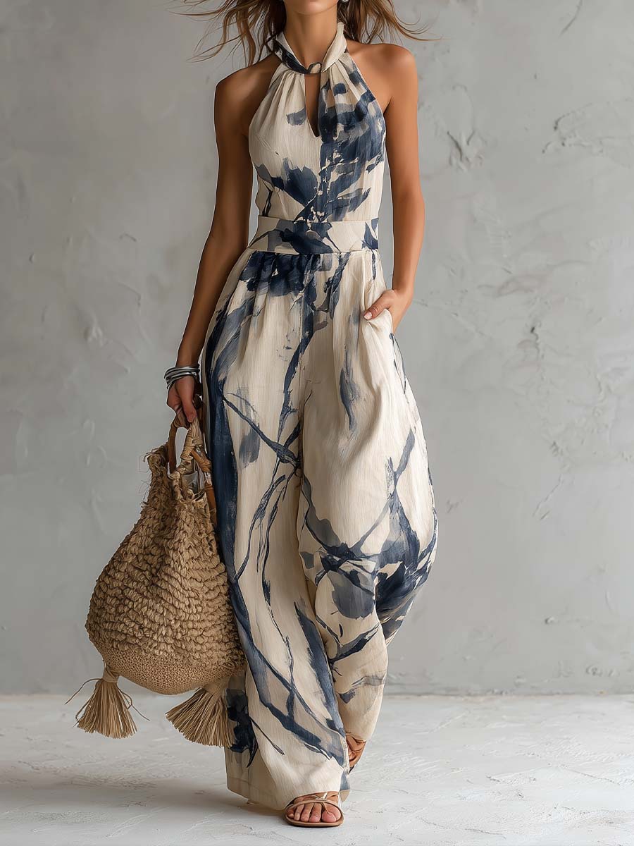 Salopette a Collo Halter con Stampa Inchiostro e Pantaloni Ampi con Tasche