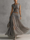 Caterina | Set Top in Pizzo Grigio Trasparente e Gonna Maxi Plissettata