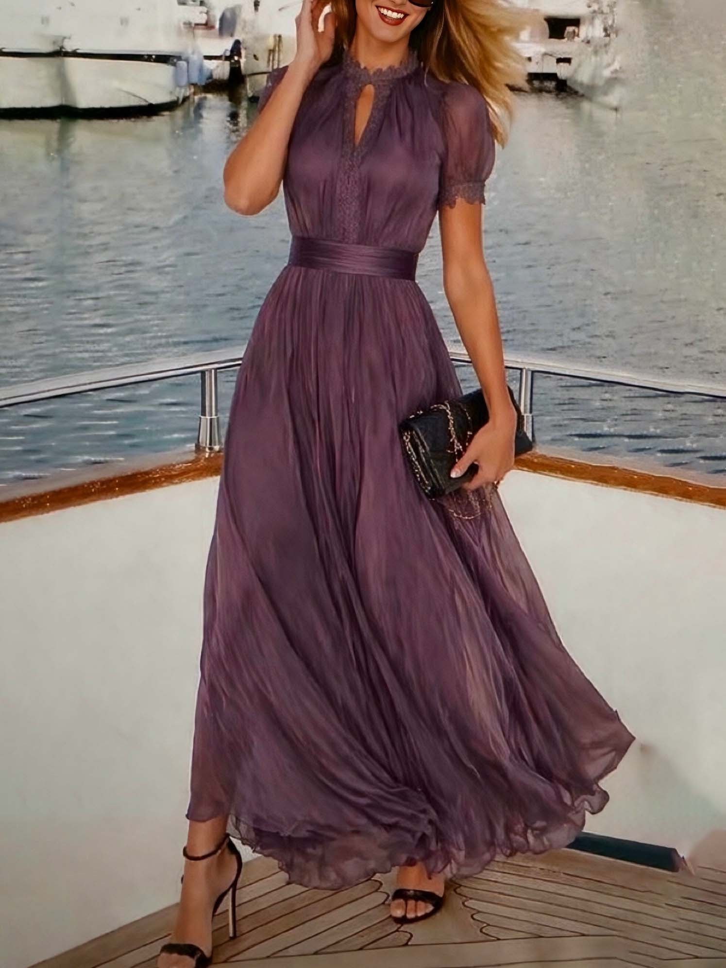 Diana | Abito Maxi in Chiffon Viola con Collo a Chiave e Pizzo
