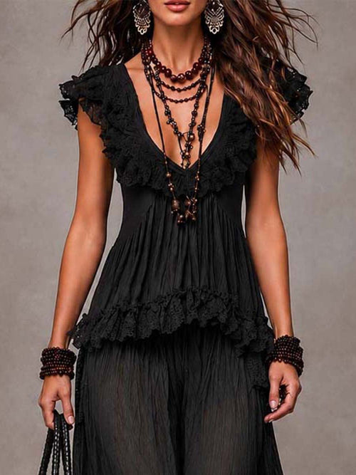 Top in pizzo scollo a V bohémien nero e pantaloni Harem coordinati