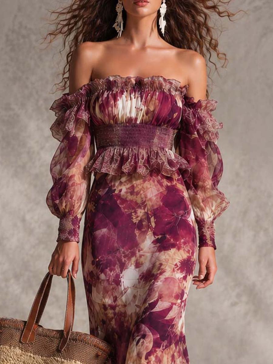 Abito Maxi in Chiffon Rosa Floreale Off-Shoulder