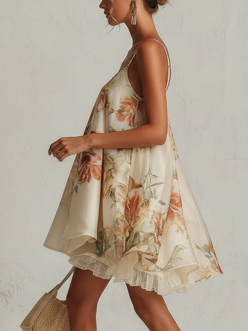 Liliana | Vestito corto a linea A in organza beige con motivo floreale e bordo in pizzo
