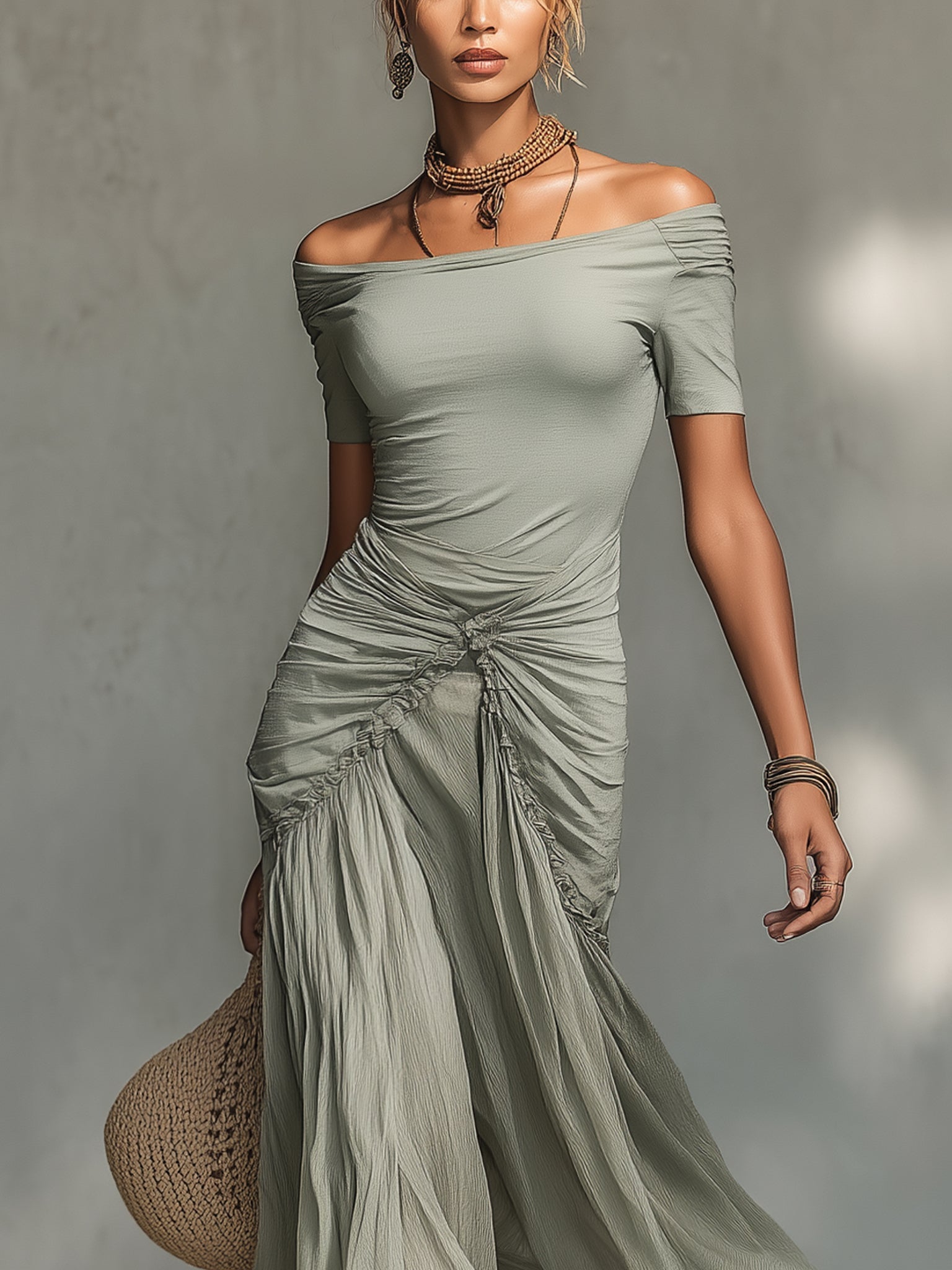 Gloria | Abito Maxi Grigio in Tessuto Elasticizzato e Chiffon