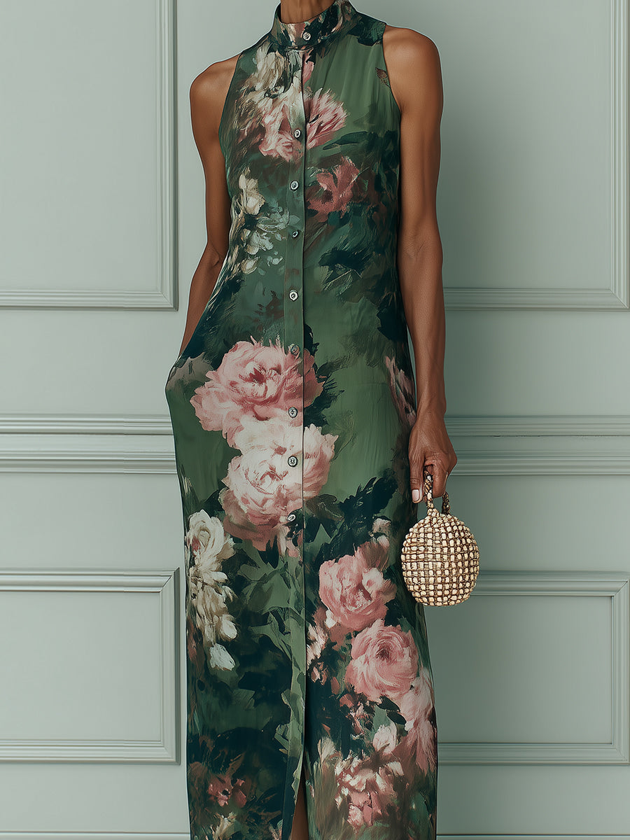 Flavia | Stampa di Olio Floreale Vintage Vestito Maxi a Taglio Dritto