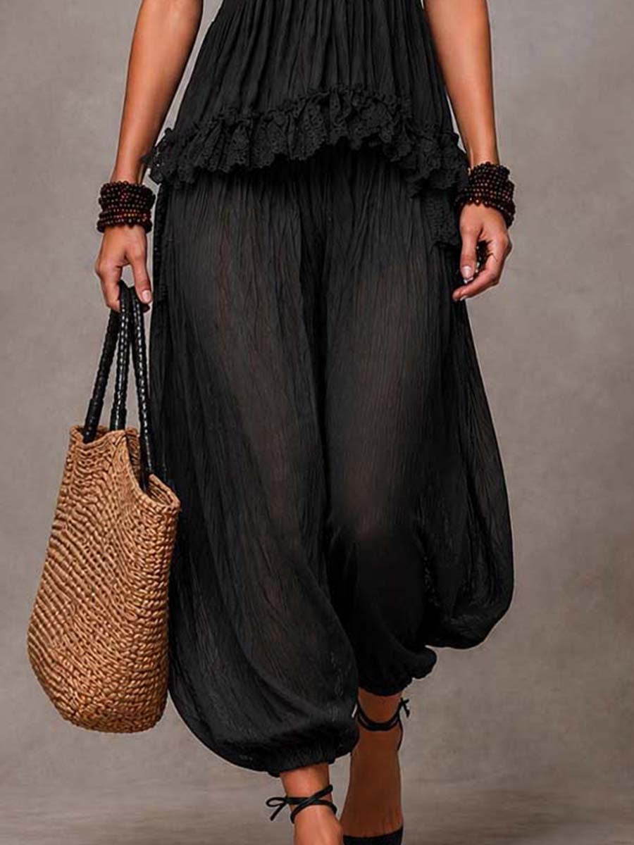 Ensemble Top en Dentelle V-Cou Bohémien Noir et Pantalons Harem