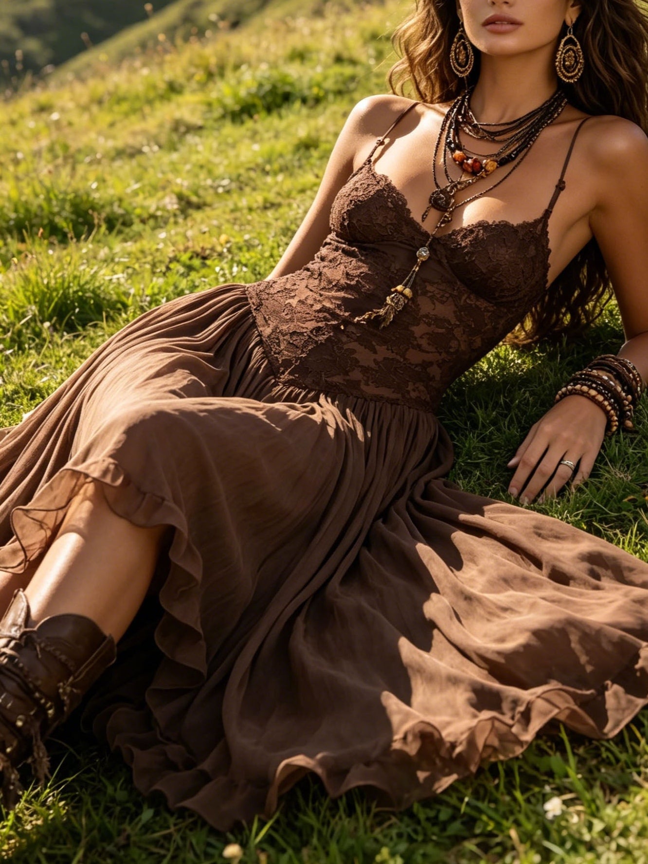 Irene | Abito Maxi in Chiffon con Pannelli in Pizzo Marrone Scuro