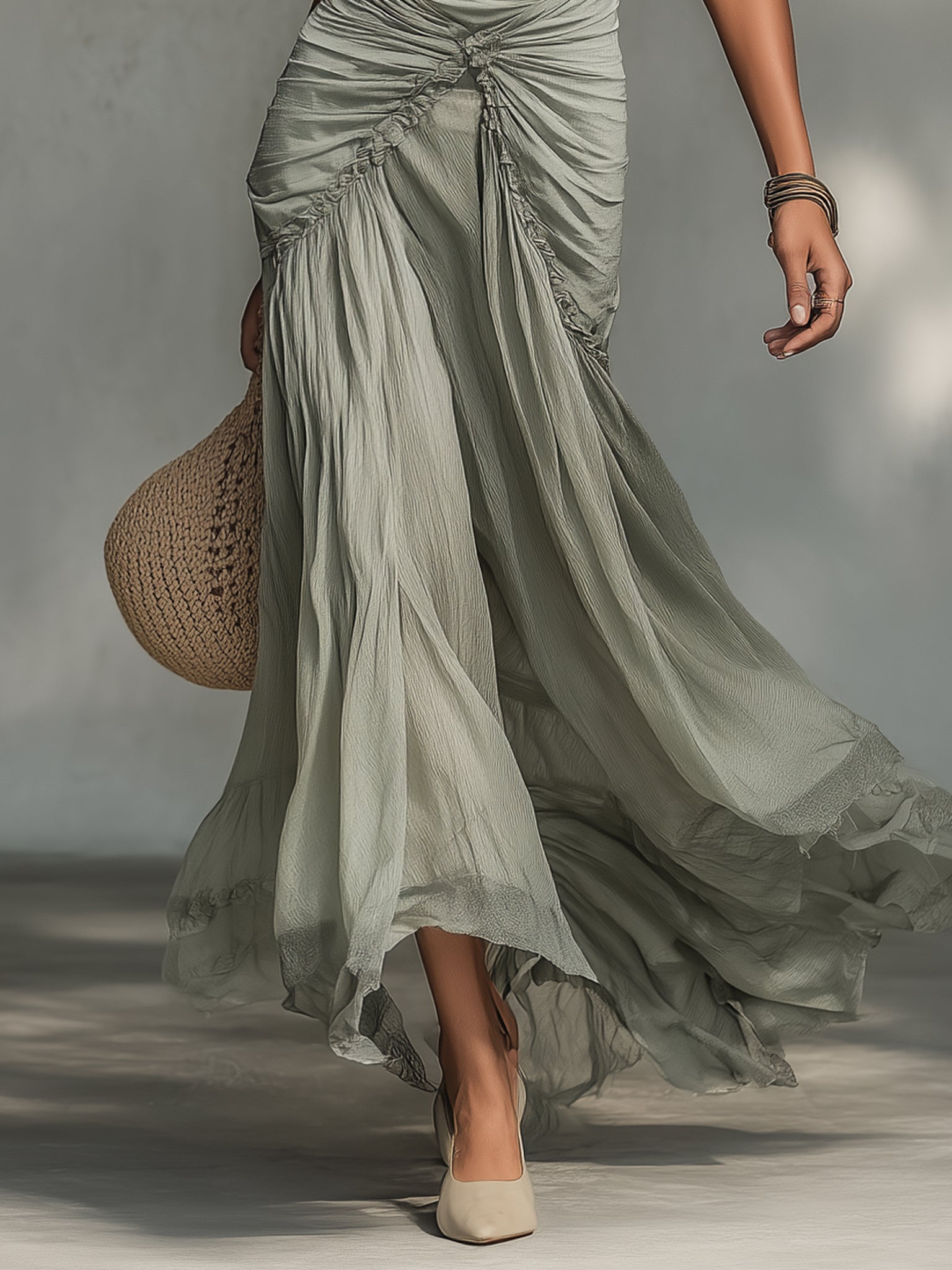 Gloria | Abito Maxi Grigio in Tessuto Elasticizzato e Chiffon