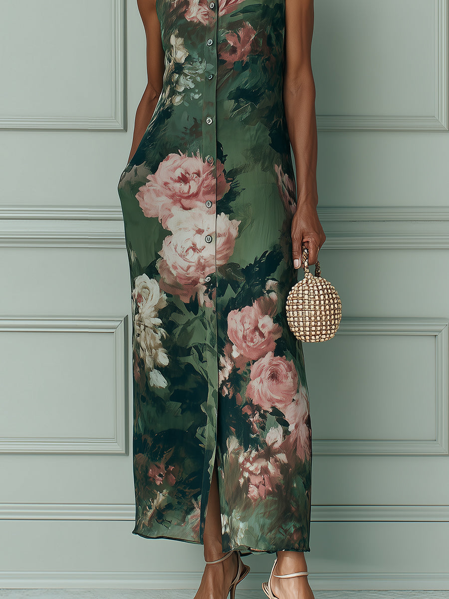 Flavia | Stampa di Olio Floreale Vintage Vestito Maxi a Taglio Dritto