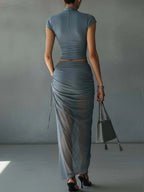 Cinzia | Set T-Shirt Blu Corto e Gonna Drappeggiata in Rete Trasparente