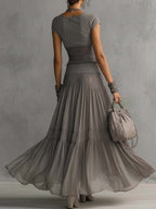 Serena | Set Top in Pizzo Grigio Trasparente e Gonna Maxi Plissettata