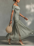 Gloria | Abito Maxi Grigio in Tessuto Elasticizzato e Chiffon