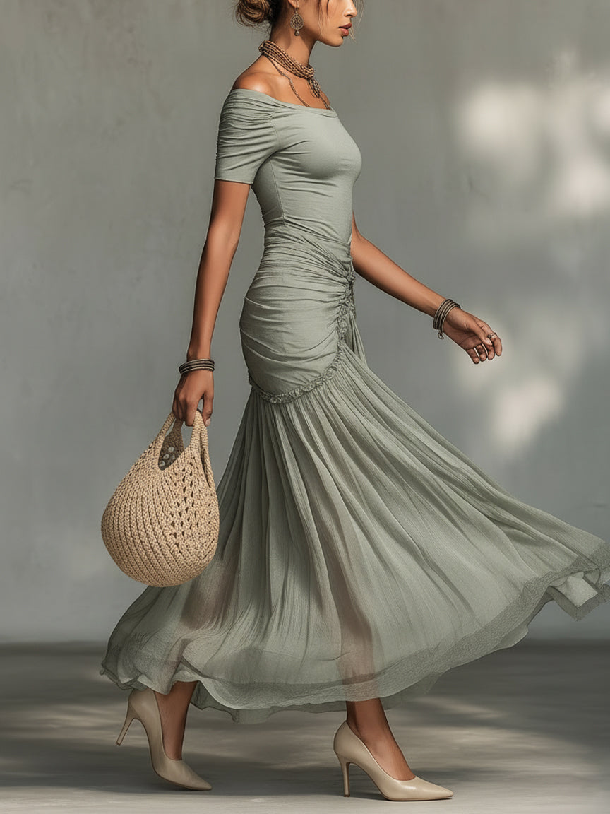 Federica | Abito Lungo in Chiffon e Tessuto Elasticizzato a Spalle Scoperte