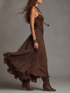 Camilla | Abito Maxi in Chiffon con Pannelli in Pizzo Marrone Scuro