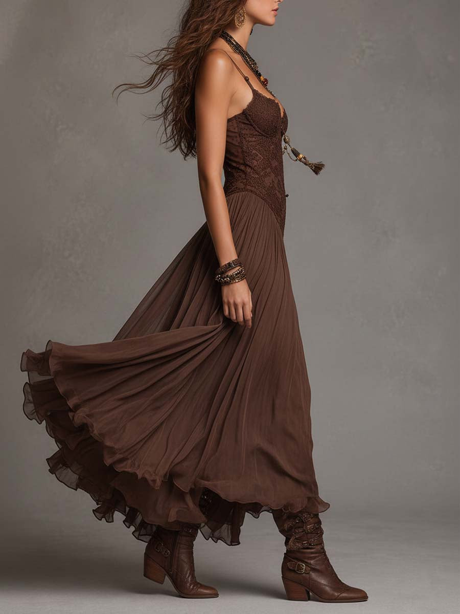 Camilla | Abito Maxi in Chiffon con Pannelli in Pizzo Marrone Scuro
