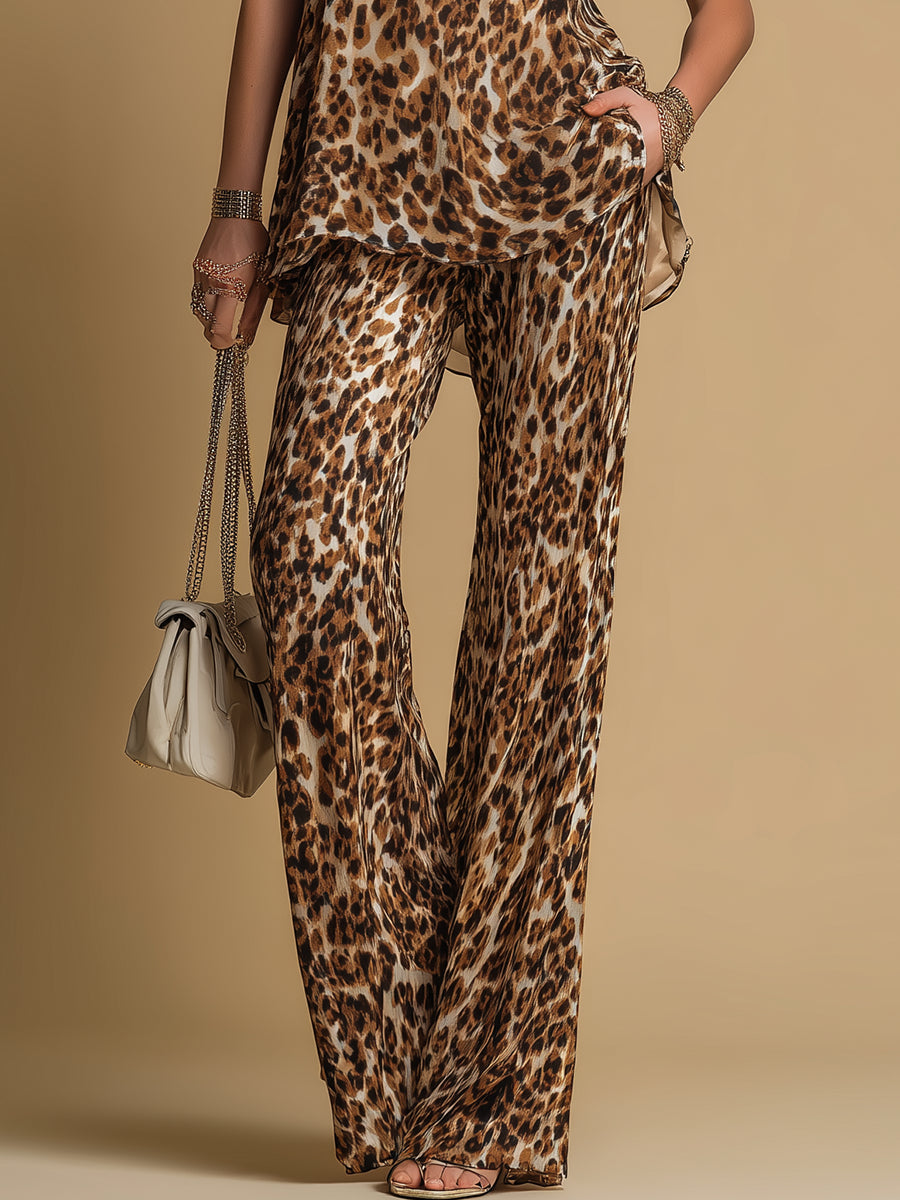 Ensemble élégant de top sans manches en chiffon à imprimé léopard et de pantalons évasés