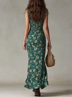 Isabella | Abito Maxi Stampato Verde Bohemien con Maniche Volant