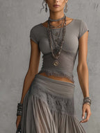 Caterina | Set Top in Pizzo Grigio Trasparente e Gonna Maxi Plissettata