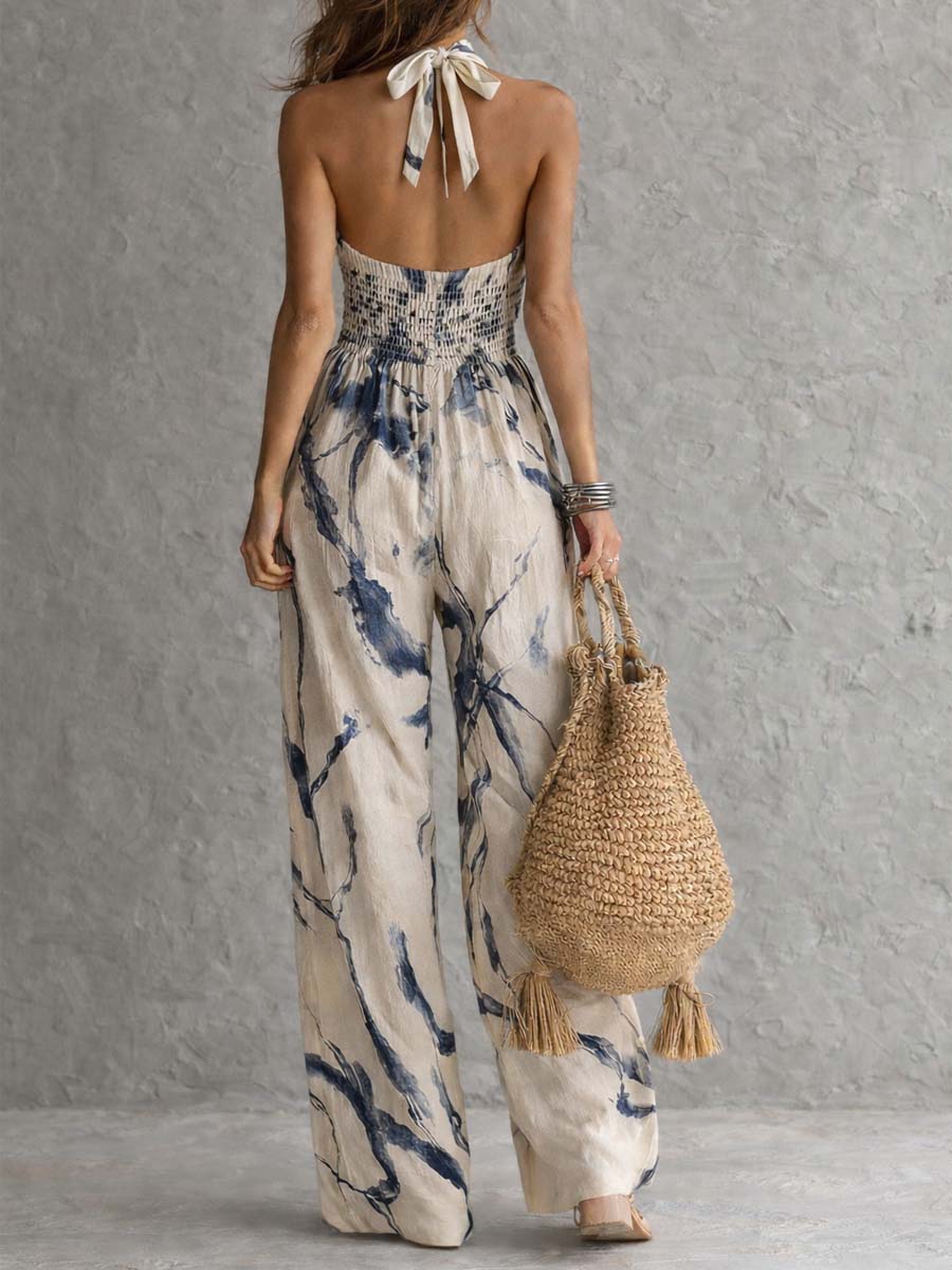 Salopette a Collo Halter con Stampa Inchiostro e Pantaloni Ampi con Tasche