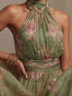 Abito Maxi Halter in Chiffon Verde a Fiori