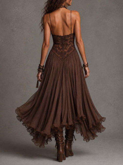 Camilla | Abito Maxi in Chiffon con Pannelli in Pizzo Marrone Scuro