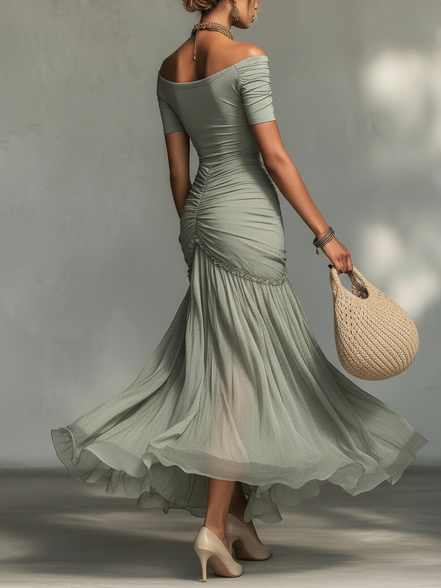 Gloria | Abito Maxi Grigio in Tessuto Elasticizzato e Chiffon