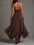 Lucia | Abito Maxi in Chiffon con Pannelli in Pizzo Marrone Scuro