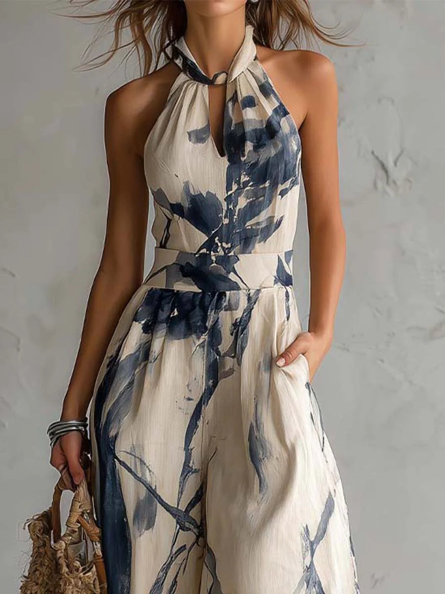 Salopette a Collo Halter con Stampa Inchiostro e Pantaloni Ampi con Tasche