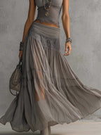 Serena | Set Top in Pizzo Grigio Trasparente e Gonna Maxi Plissettata