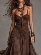 Irene | Abito Maxi in Chiffon con Pannelli in Pizzo Marrone Scuro