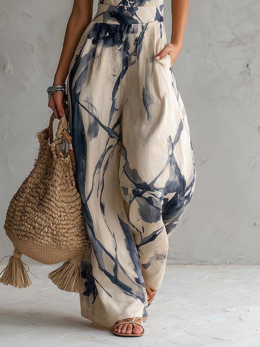 Salopette a Collo Halter con Stampa Inchiostro e Pantaloni Ampi con Tasche