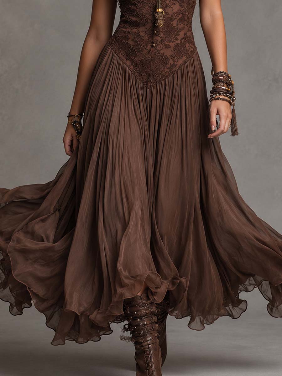 Camilla | Abito Maxi in Chiffon con Pannelli in Pizzo Marrone Scuro