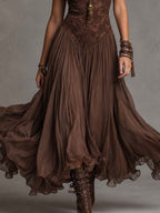 Lucia | Abito Maxi in Chiffon con Pannelli in Pizzo Marrone Scuro