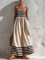 Ortensia - Vestito lungo a righe nere e beige con spalline sottili