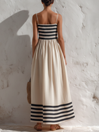 Ortensia - Vestito lungo a righe nere e beige con spalline sottili