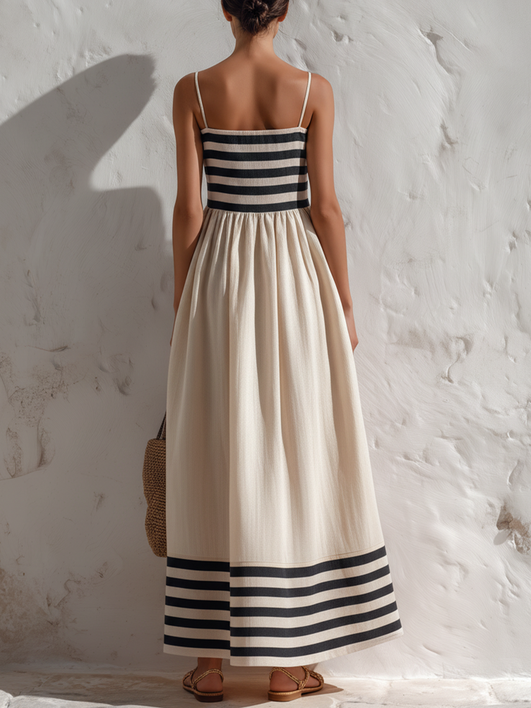 Ortensia - Vestito lungo a righe nere e beige con spalline sottili