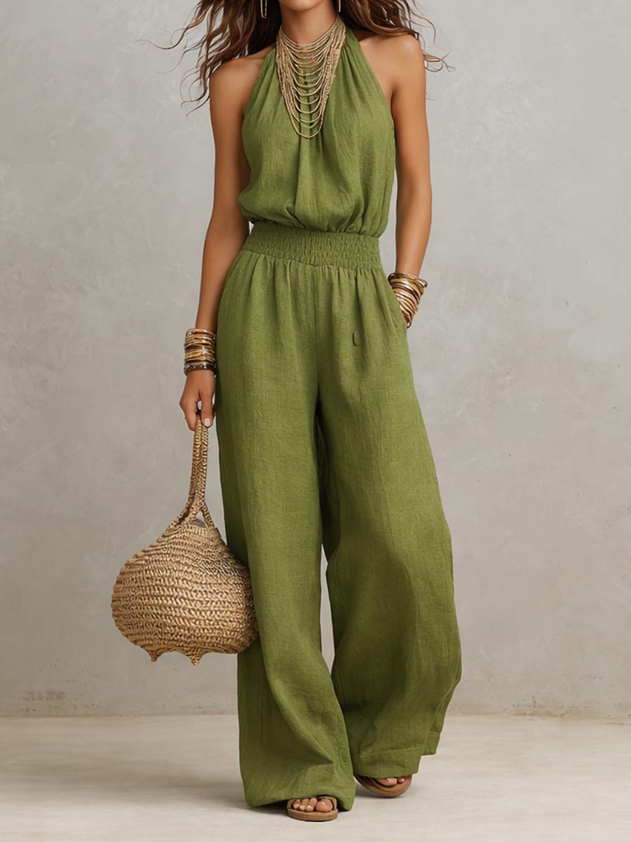 Sole | Tuta in Cotone e Lino con Scollo Halter e Gambe Larghe
