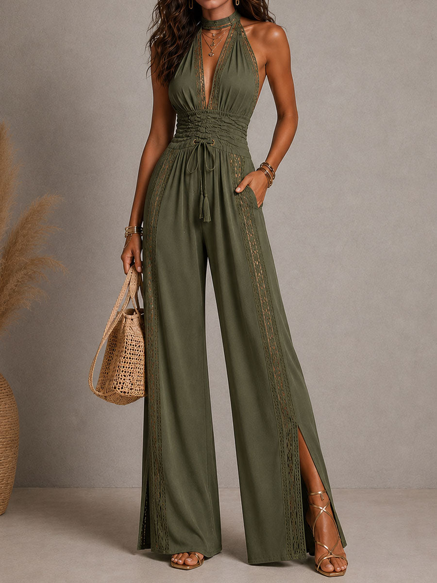 Nina | Tuta Boho Nera in Pizzo con Scollo a V e Gambe Larghe