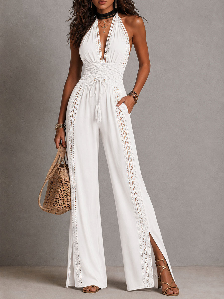 Nina | Tuta Boho Nera in Pizzo con Scollo a V e Gambe Larghe